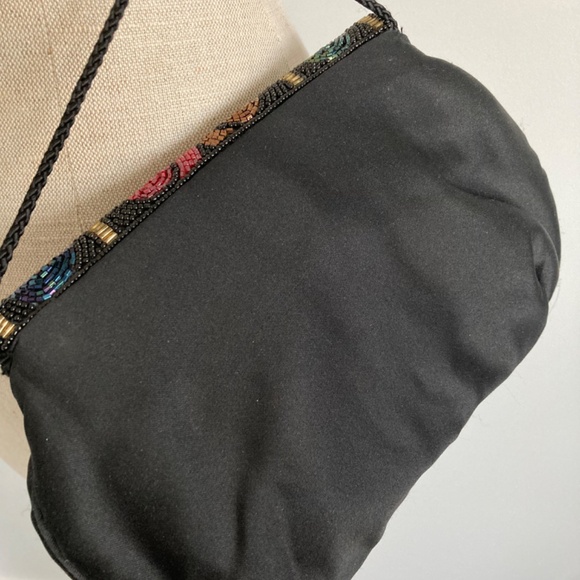 1990s Beaded Black Evening  Bag with Cord Shoulder Strap - Picture 5 of 6